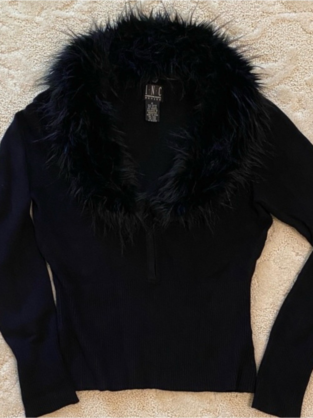 INC International Concepts Black Sweater with Faux-Fur Collar